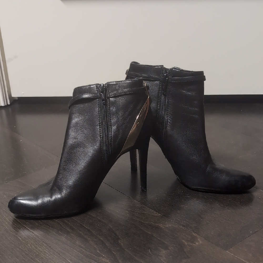 Coach Black Leather Ankle Booties with Gold Accent